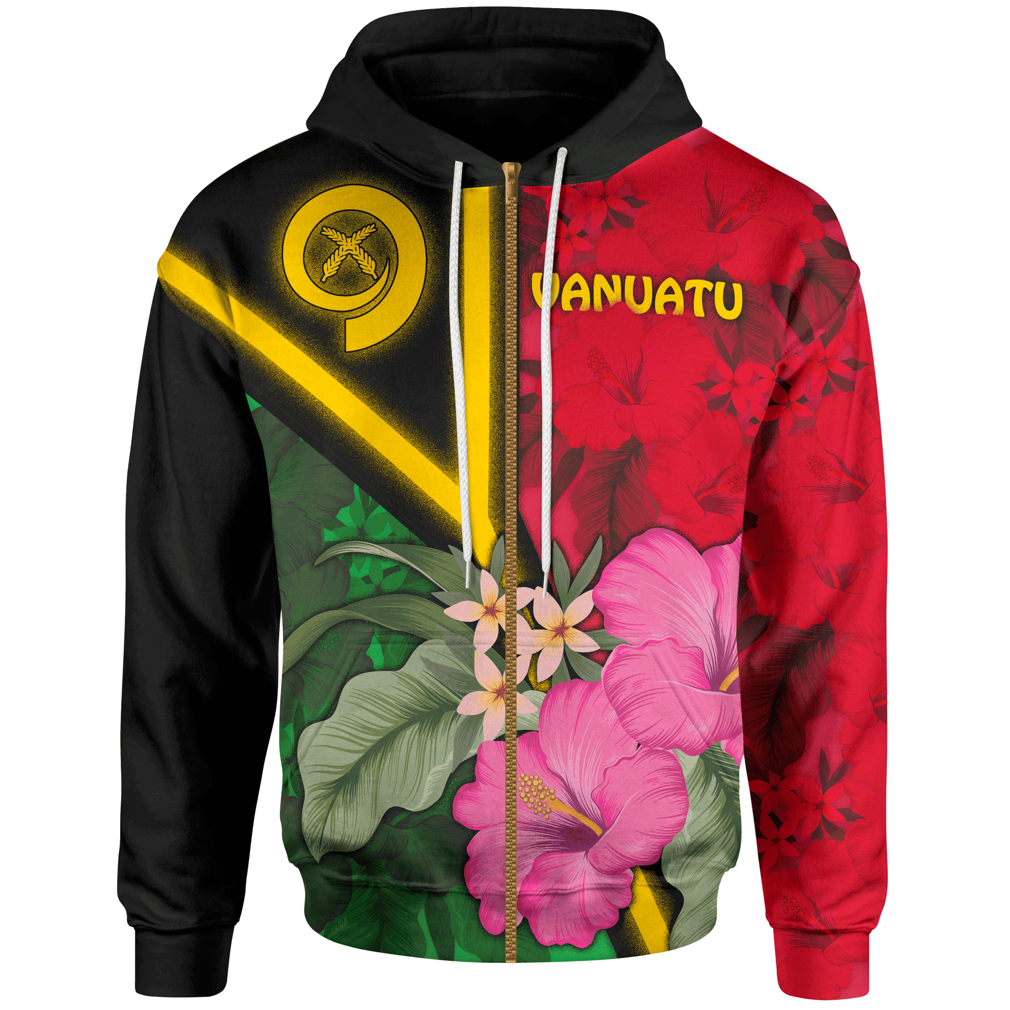 Vanuatu Zip up Hoodie Vanuatu Flag with Hibiscus Unisex Red - Polynesian Pride