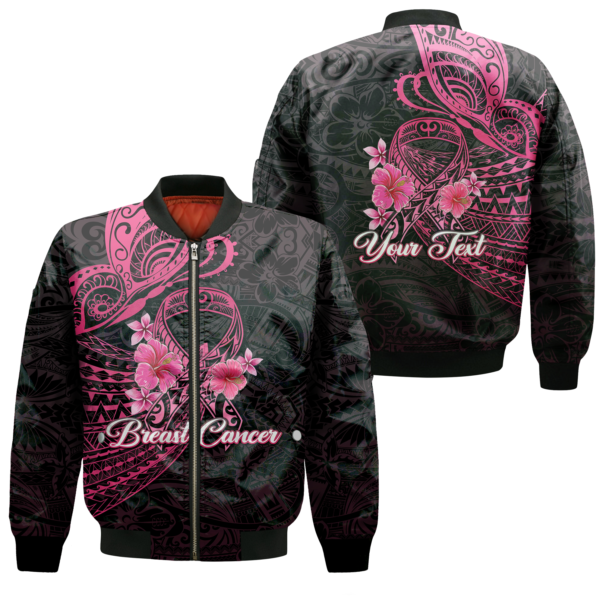 (Custom Personalised) Breast Cancer Pink Ribbon Butterfly Polynesian Black Version Bomber Jacket - LT12 Bomber Jacket Black - Polynesian Pride