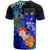 Fiji Custom T Shirt Humpback Whale with Tropical Flowers (Blue) - Polynesian Pride