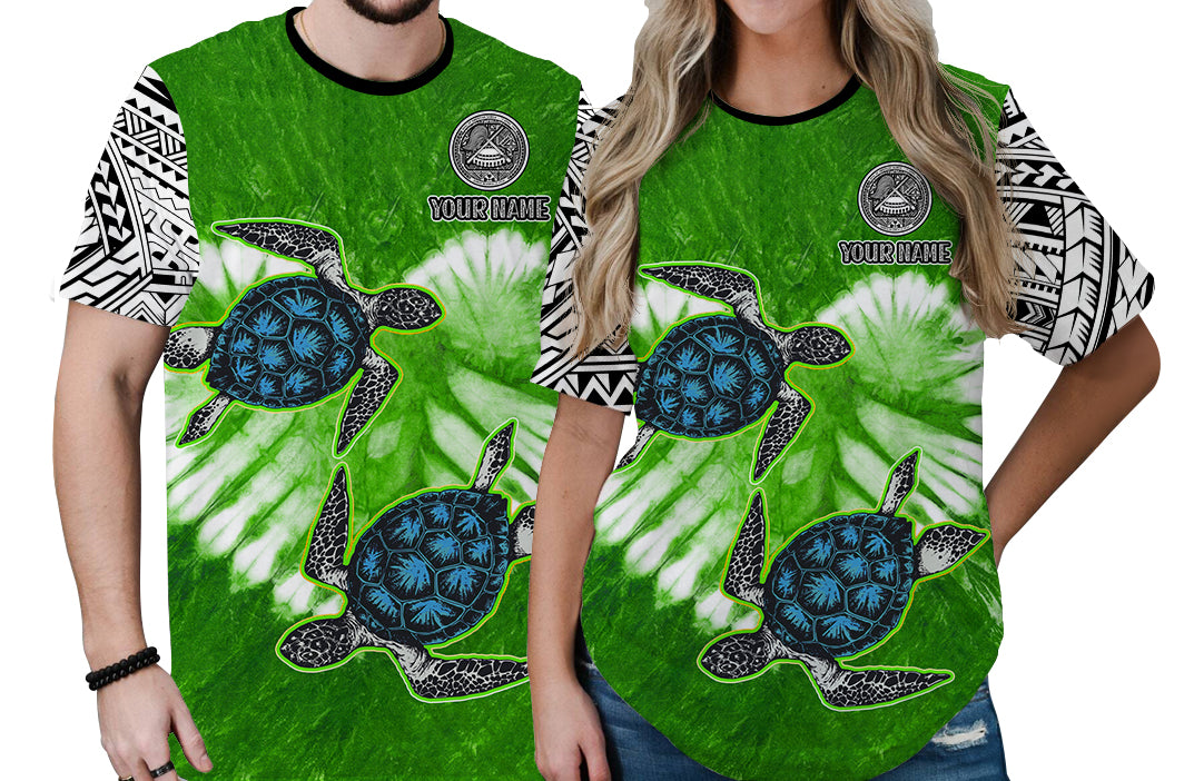 Custom American Samoa Couple Turtles T Shirt Polynesian Valentine HUSBand and WIFE Tie Dye Green LT13 6XL - Polynesian Pride