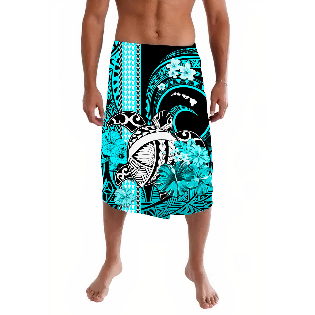 Hawaii Lavalava Polynesian Turtle Map and Turquoise Hibiscus LT13 Turquoise - Polynesian Pride