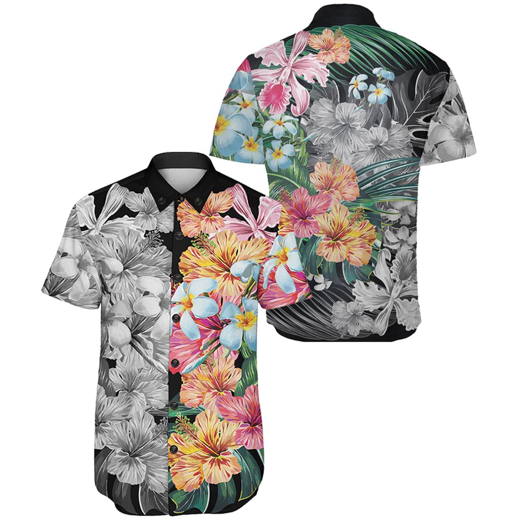 Hawaii Forest Tropical Flower Short Sleeve Shirt Male Black - Polynesian Pride