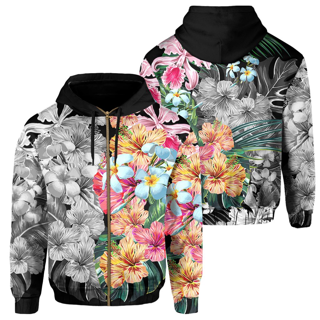 Hawaii Forest Tropical Flower Zip Hoodie Unisex Black - Polynesian Pride