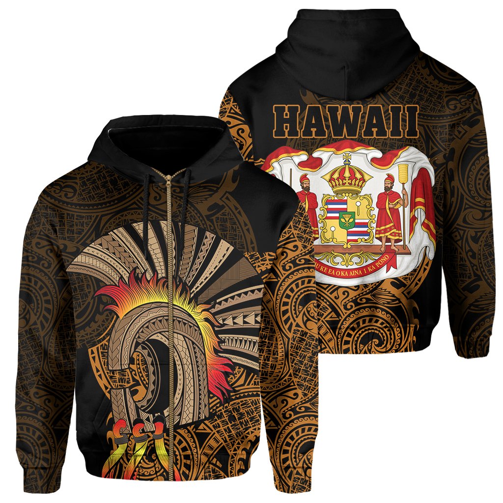 Hawaii Polynesian Warrior Mask Royal Coat Arms Zipper Hoodie Unisex Black - Polynesian Pride