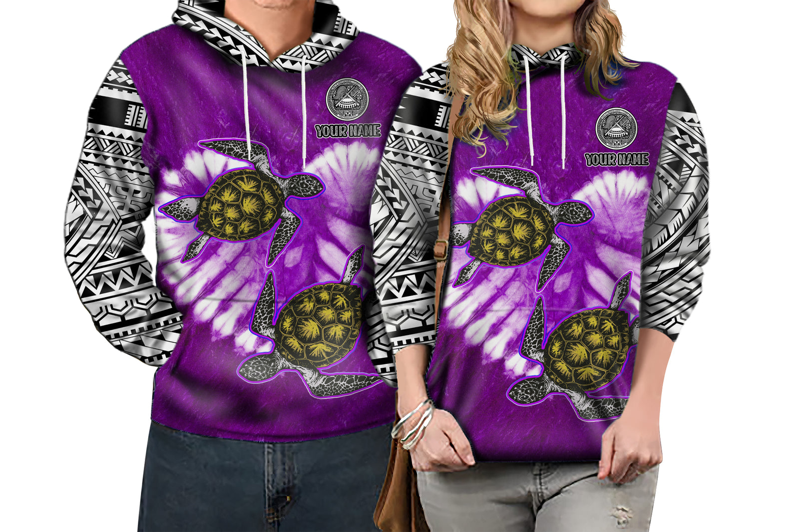 Custom American Samoa Hoodie Couple Polynesian Turtles Valentine HUSBand and WIFE Tie Dye Purple LT13 6XL - Polynesian Pride