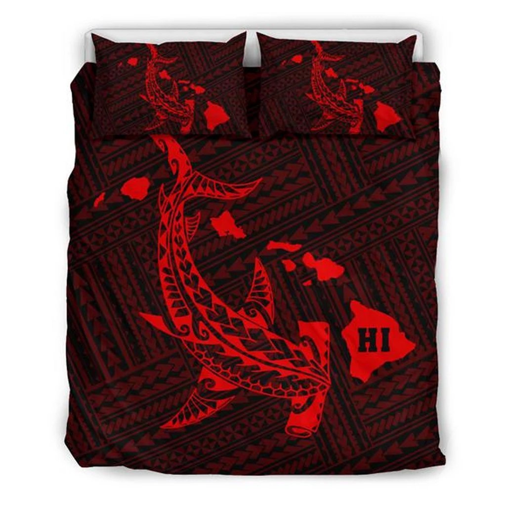 Hawaiian Map Hamerhead Shark Polynesian Red Bedding Set Red - Polynesian Pride