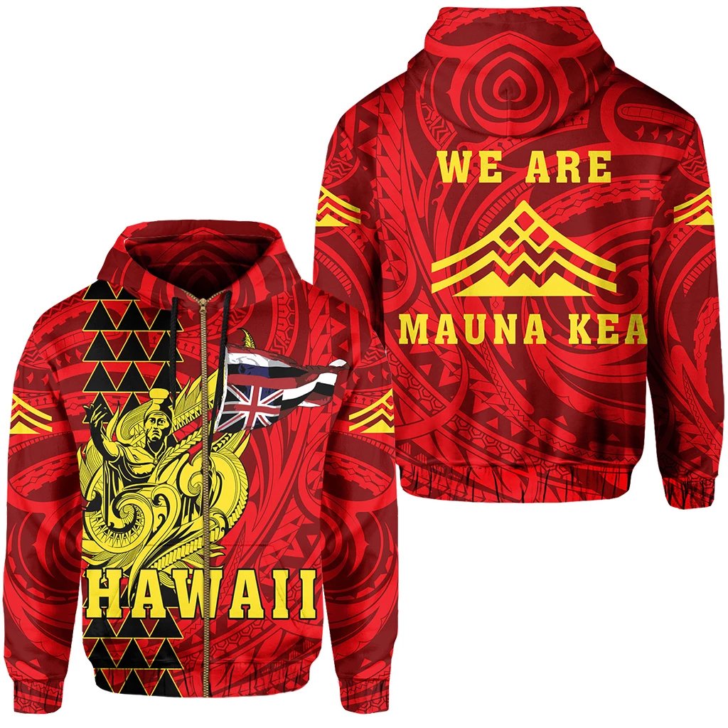 Hawaii Hoodie Zip King Mauna Kea Flag Unisex Red - Polynesian Pride