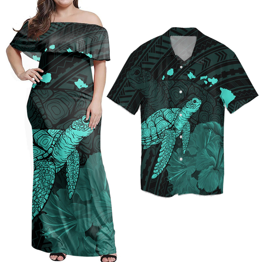 Polynesian Couple Outfits Matching Dress and Hawaiian Shirt Hawaii Polynesian Hibiscus Turtle Map Turquoise RLT14 No Dress - Polynesian Pride