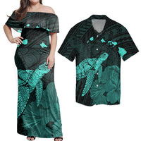 Polynesian Couple Outfits Matching Dress and Hawaiian Shirt Hawaii Polynesian Hibiscus Turtle Map Turquoise RLT14 No Dress - Polynesian Pride