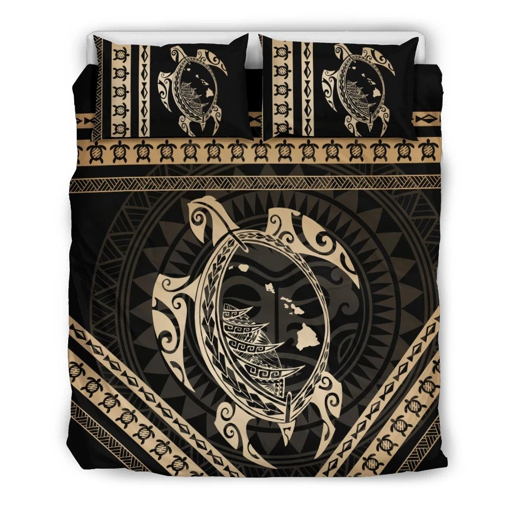 Hawaiian Map Tribal Mask Turtle Polynesian Bedding Set Gold - Polynesian Pride