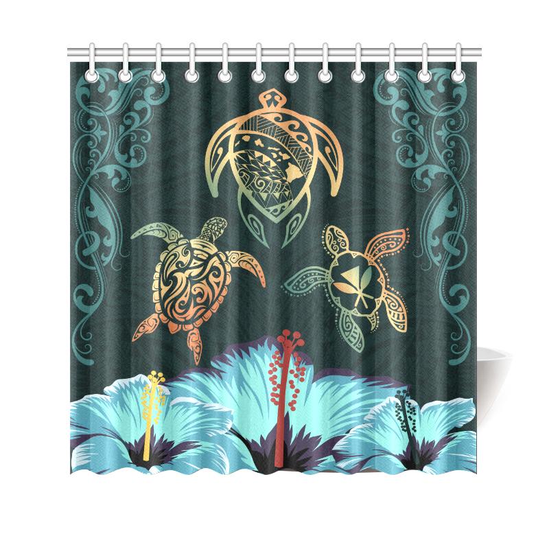 Hawaii Map Turtle Hibiscus Polynesian Luxury Shower Curtain - Honu Ohana 177 x 172 (cm) Green - Polynesian Pride