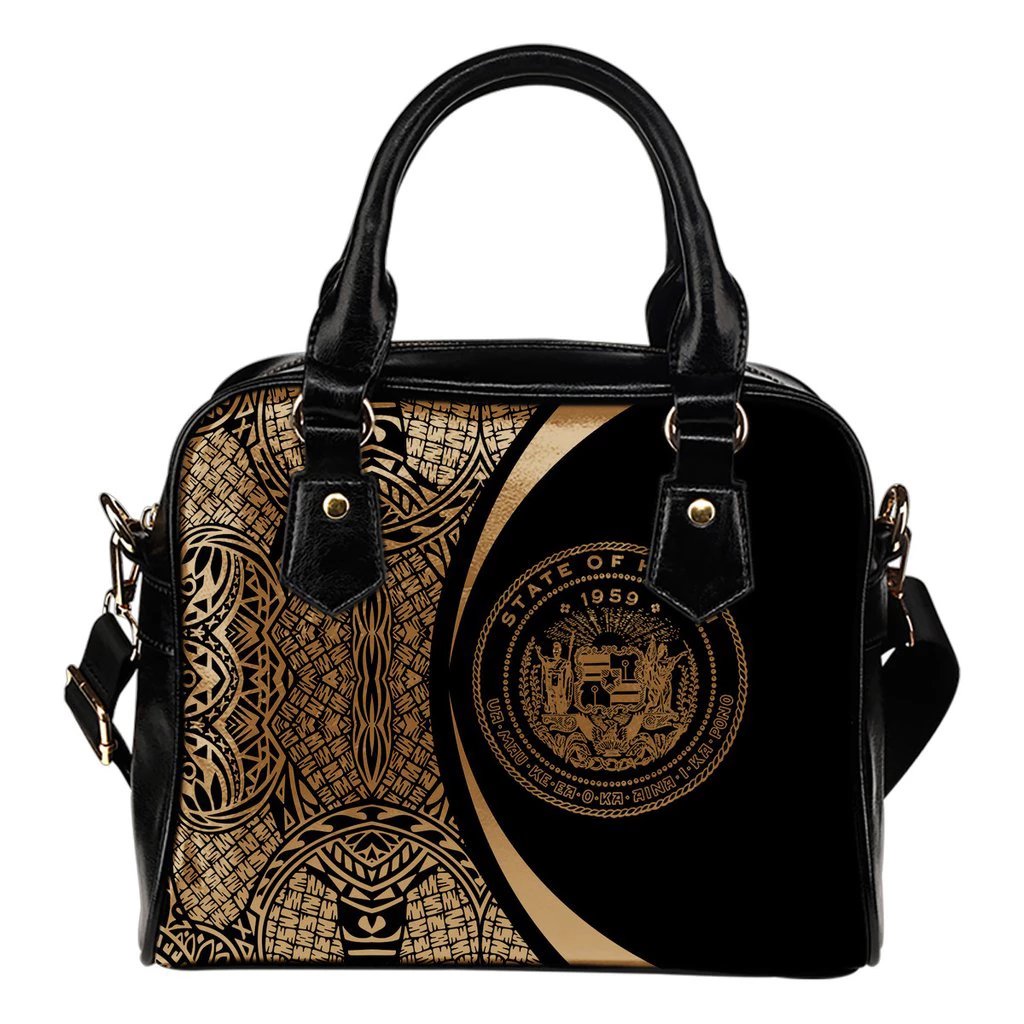 Hawaii Coat Of Arms Polynesian Shoulder Handbag - Circle Style Gold One Size Black - Polynesian Pride