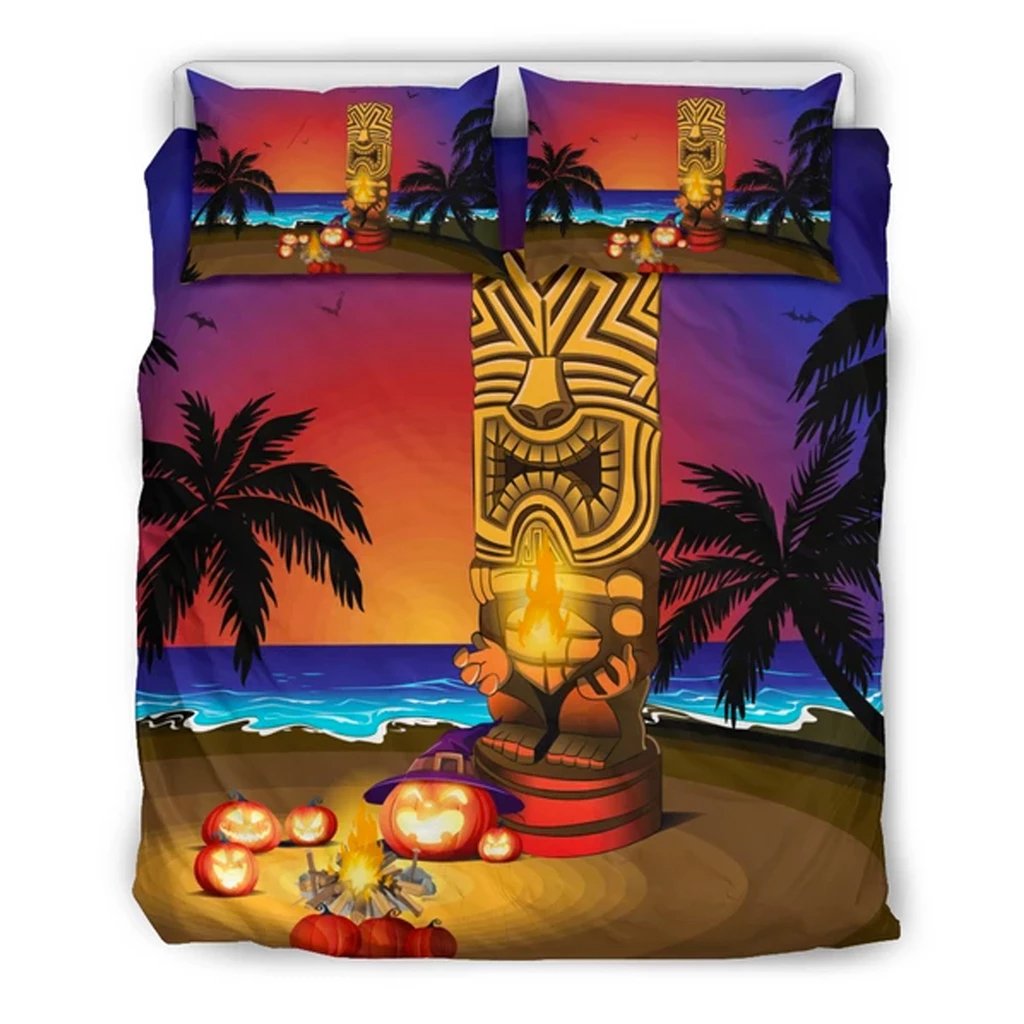 Hawaiian Tiki Halloween Sunset on Beach Polynesian Bedding Set Black - Polynesian Pride