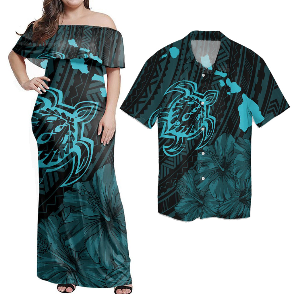 Hawaii Couple Outfits Matching Dress and Hawaiian Shirt Hawaii Hibiscus Sea Turtle Swim Polynesian Blue RLT14 No Dress - Polynesian Pride