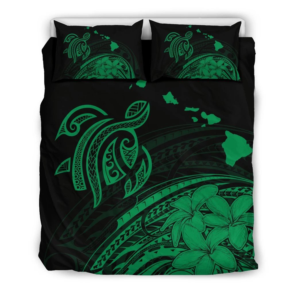 Hawaiian Map Turtle Hibiscus Plumeria Polynesian Bedding Set Green Black - Polynesian Pride