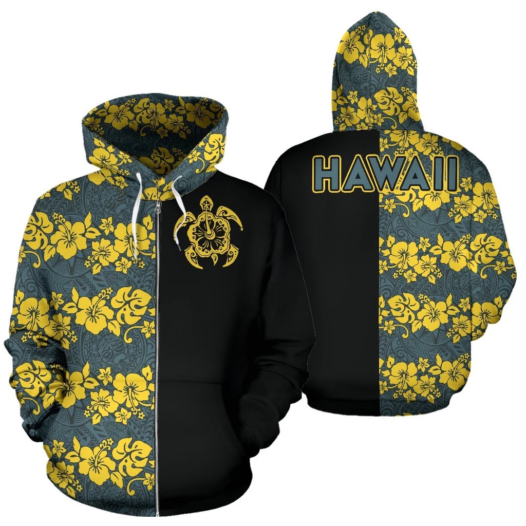 Hawaii Hoodie Zip up Turtle Hibiscus The Half Unisex Yellow - Polynesian Pride