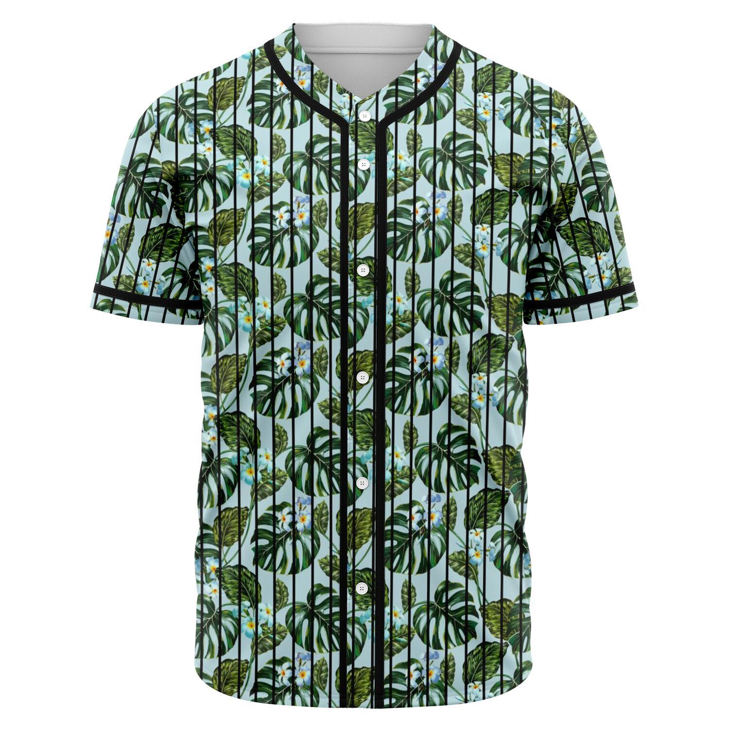 Tropical Flowers Monstera Leaf Baseball Jersey Black - Polynesian Pride