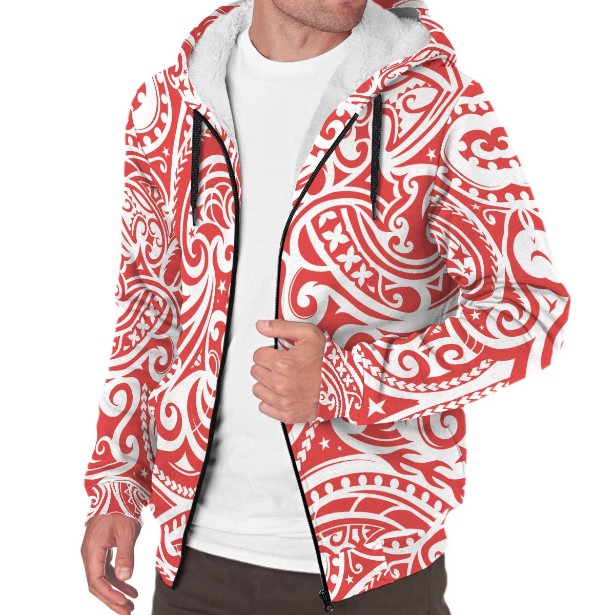 Tonga Patterns Sherpa Hoodie White - Polynesian Pride