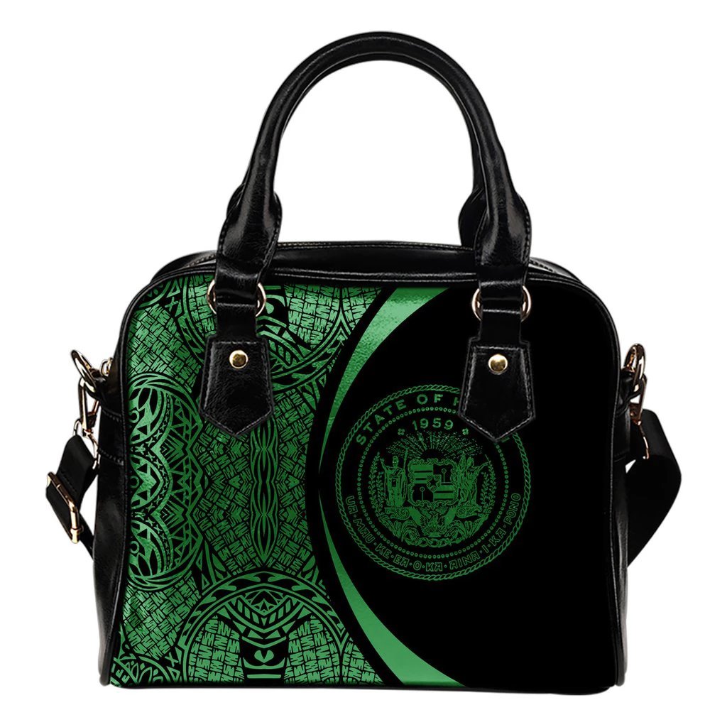 Hawaii Coat Of Arms Polynesian Shoulder Handbag - Circle Style Green One Size White - Polynesian Pride