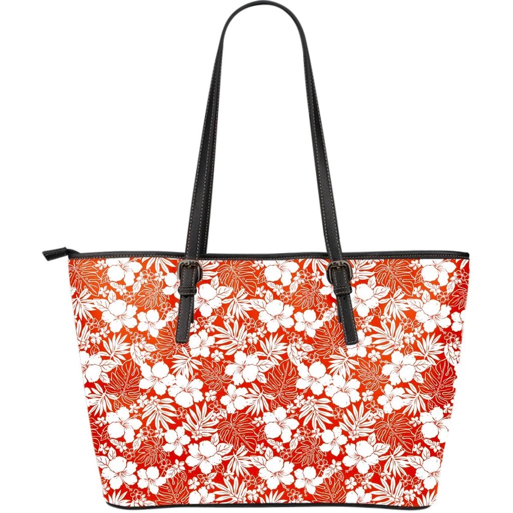 Hawaii Hibiscus Flower Pattern Large Leather Tote Red - Polynesian Pride