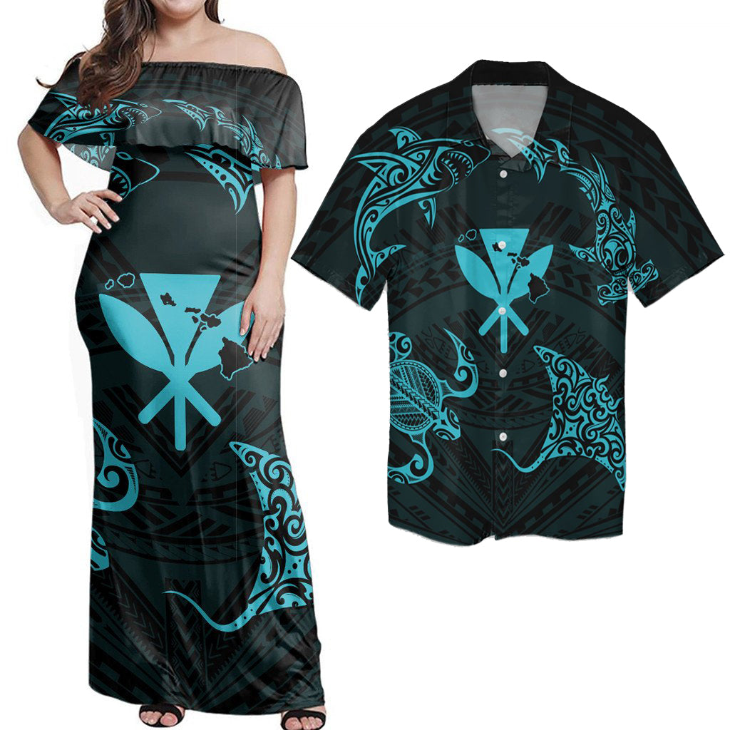 Matching Dress and Hawaiian Shirt Polynesian Turtle Hammerhead Shark Ray Kanaka Hawaii Circle Blue RLT14 - Polynesian Pride