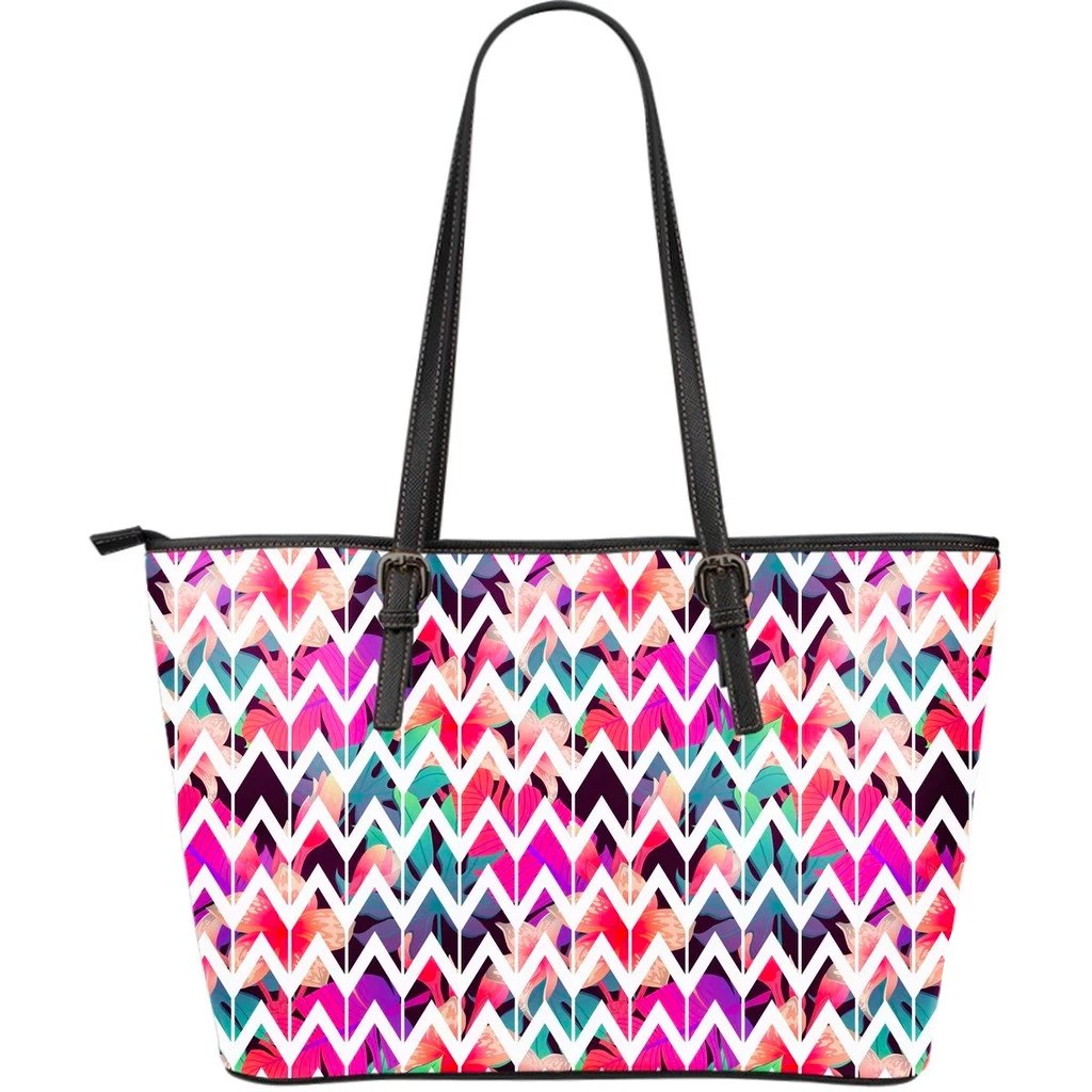 Hawaii Palm Foliage On Striped Zigzag Large Leather Tote Pink - Polynesian Pride