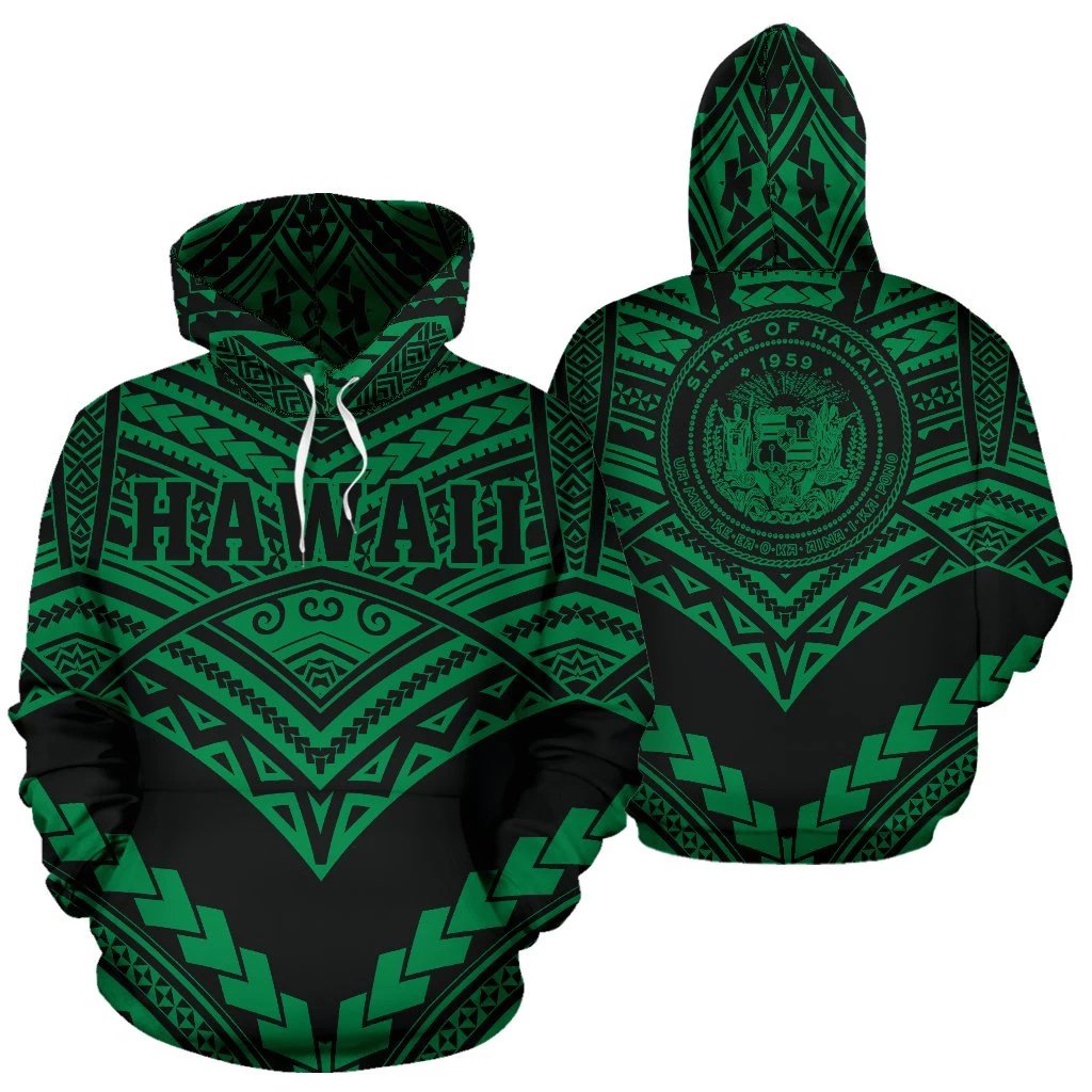 Hawaii Polynesian Tribal Hoodie New Warrior Style Green Color Unisex White - Polynesian Pride