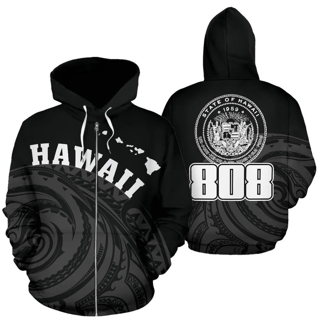 Hawaii Polynesia Zip up Hoodie Tatau Style Unisex Black - Polynesian Pride