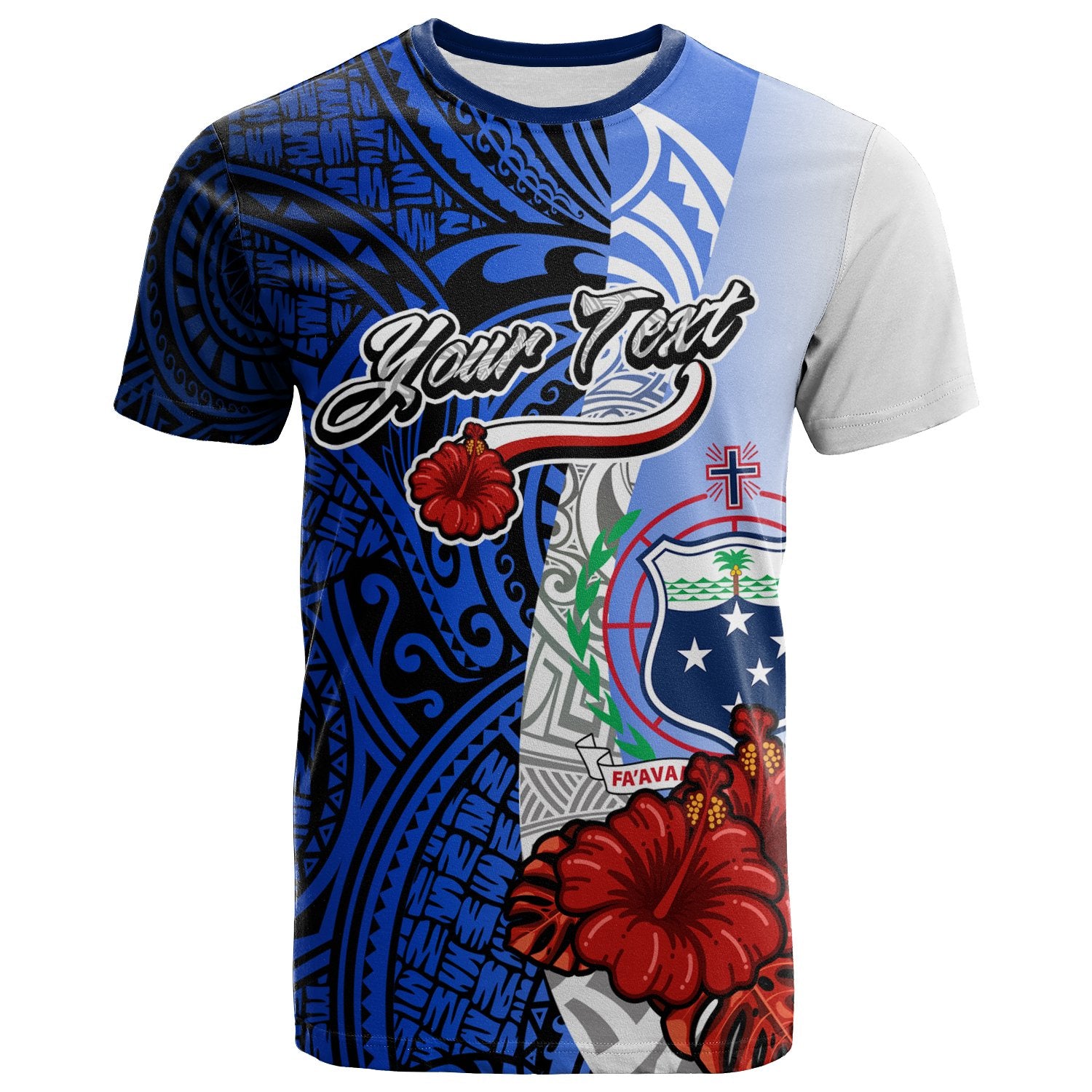 Samoa Polynesian Custom T shirt Coat Of Arm With Hibiscus Blue Unisex Blue - Polynesian Pride