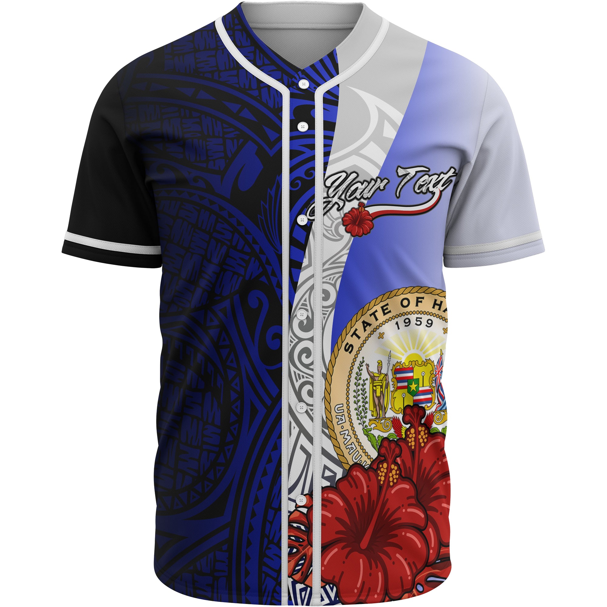 Hawaii Polynesian Custom Personalised Baseball Shirt - Coat Of Arm With Hibiscus Blue Unisex Blue - Polynesian Pride