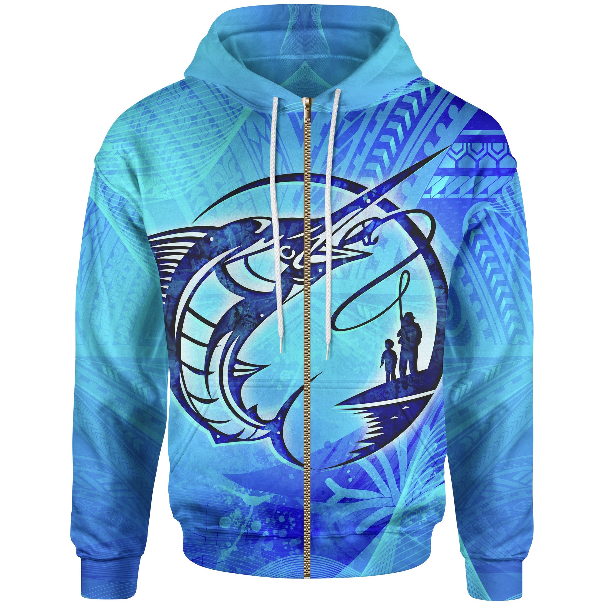 Polynesian Zip up Hoodie Fishing You A Happy Fathers Day Unisex Blue - Polynesian Pride