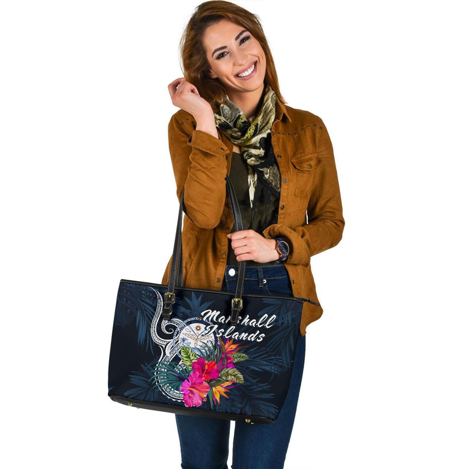 Marshall Islands Polynesian Large Leather Tote - Tropical Flower Blue - Polynesian Pride