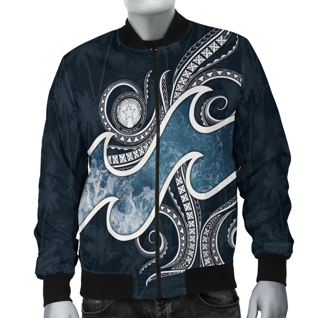 Northern Mariana Islands Polynesian Men's Bomber Jacket - Ocean Style Blue - Polynesian Pride