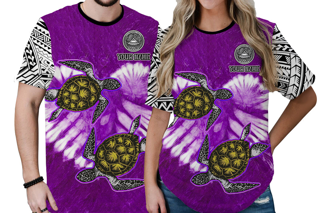 Custom American Samoa Couple Turtles T Shirt Polynesian Valentine HUSBand and WIFE Tie Dye Purple LT13 6XL - Polynesian Pride