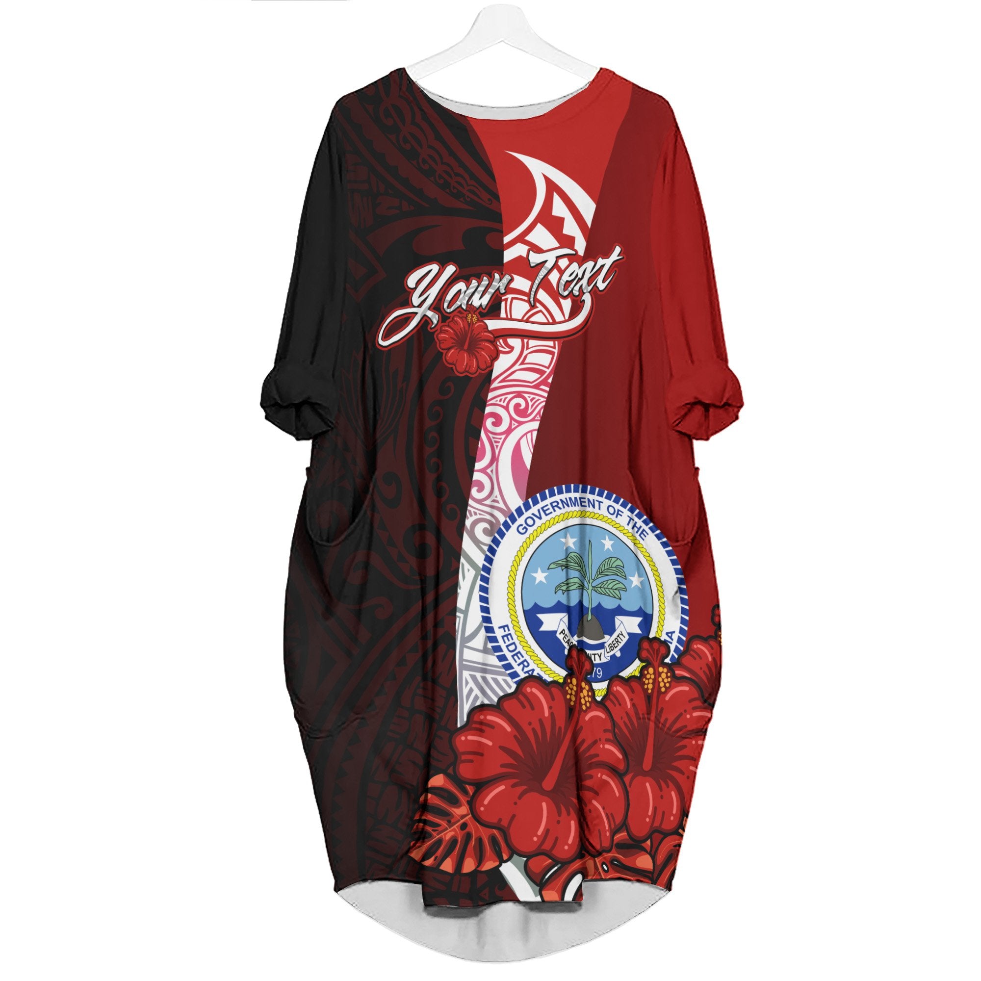 Federated States Of Micronesia Custom Personalised Batwing Pocket Dress - Hibiscus With Coat Of Arm Women Black - Polynesian Pride