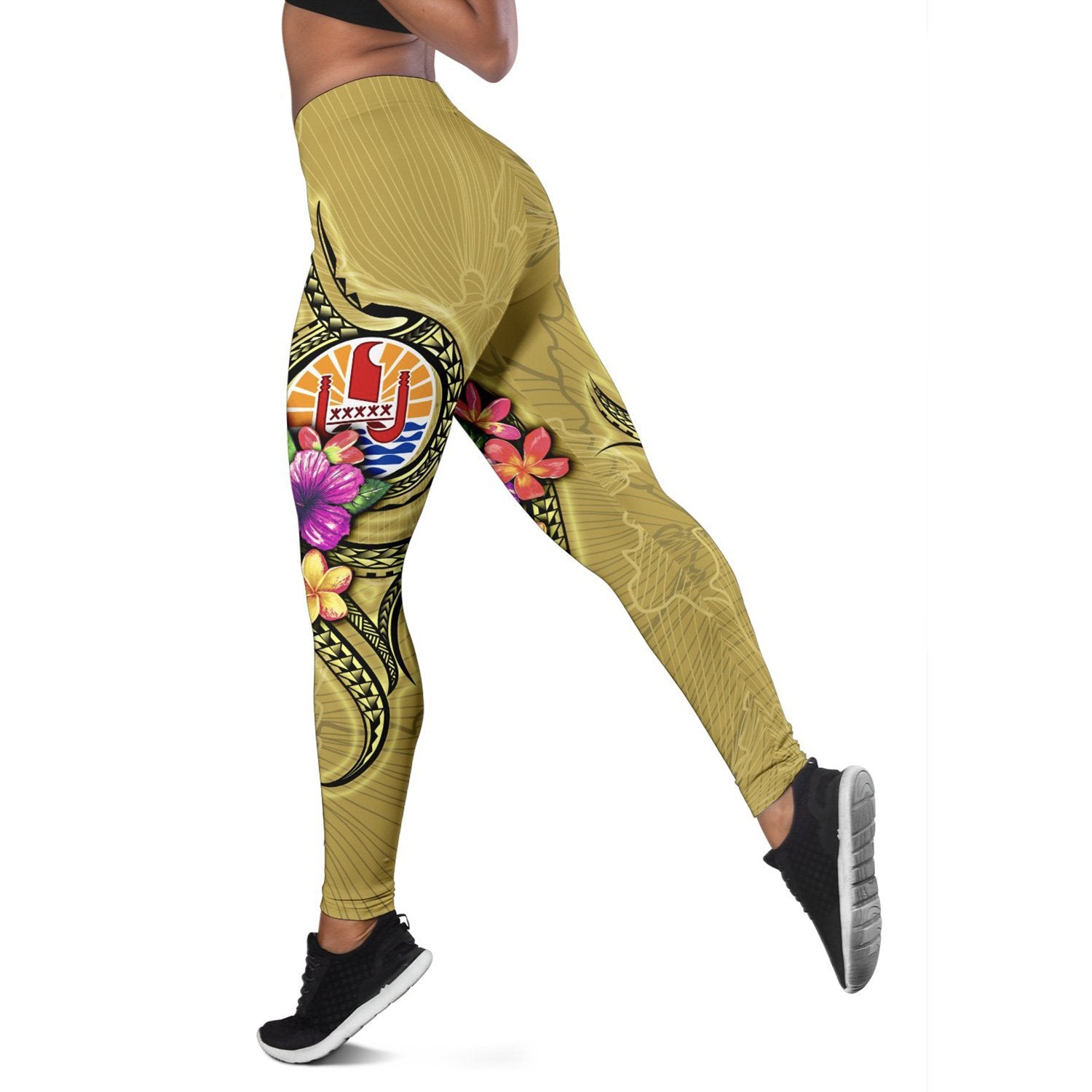 Tahiti Polynesian Legging - Floral With Seal Gold Yellow - Polynesian Pride