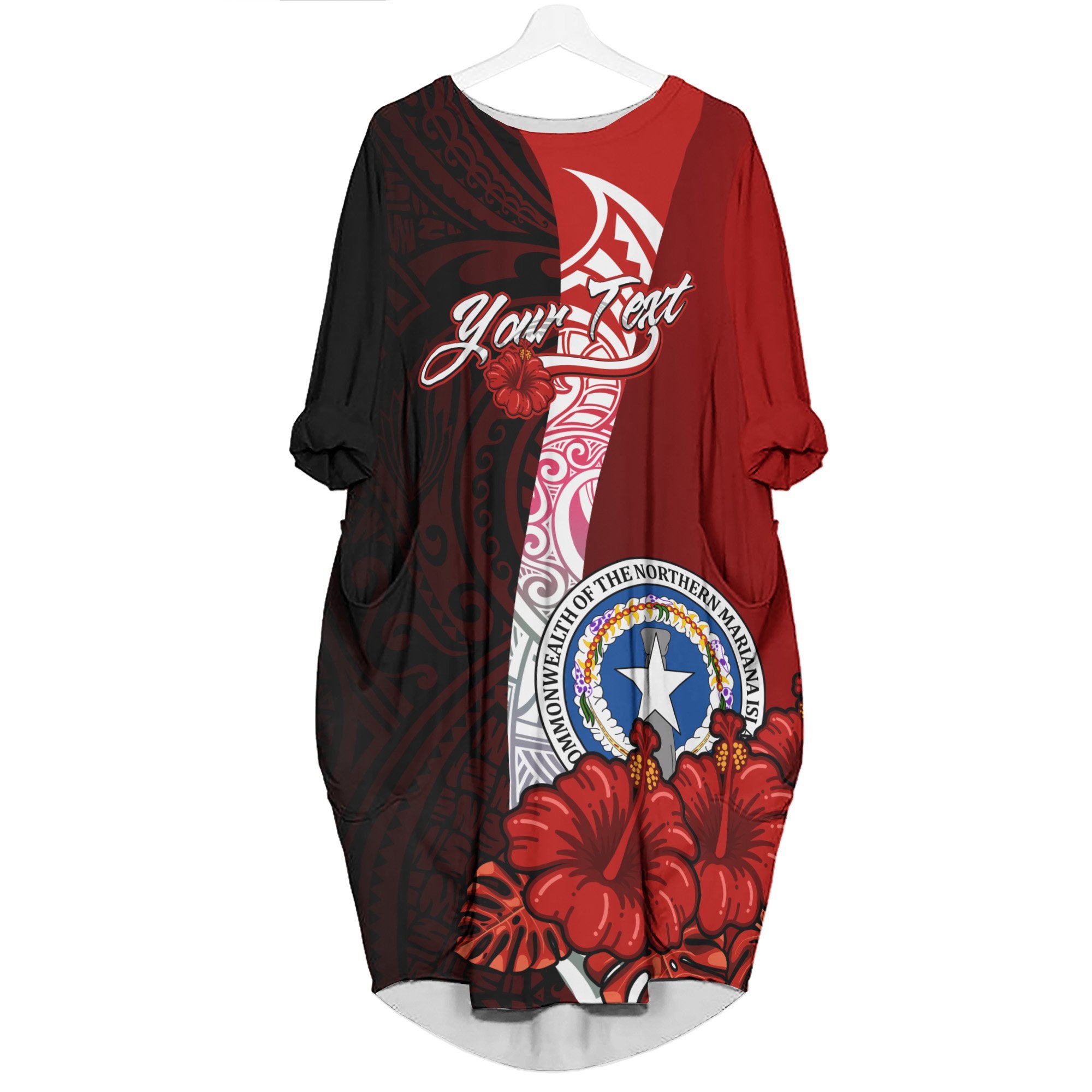 Northern Mariana Islands Polynesian Custom Personalised Batwing Pocket Dress - Hibiscus With Coat Of Arm Women Black - Polynesian Pride