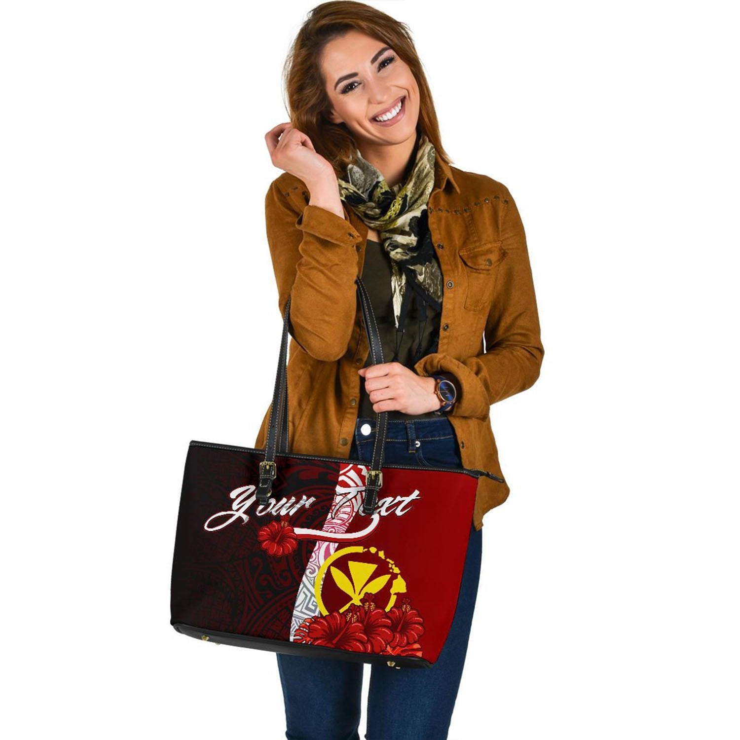 Hawaii Polynesian Custom Personalised Leather Tote Bag - Coat Of Arm With Hibiscus Red - Polynesian Pride