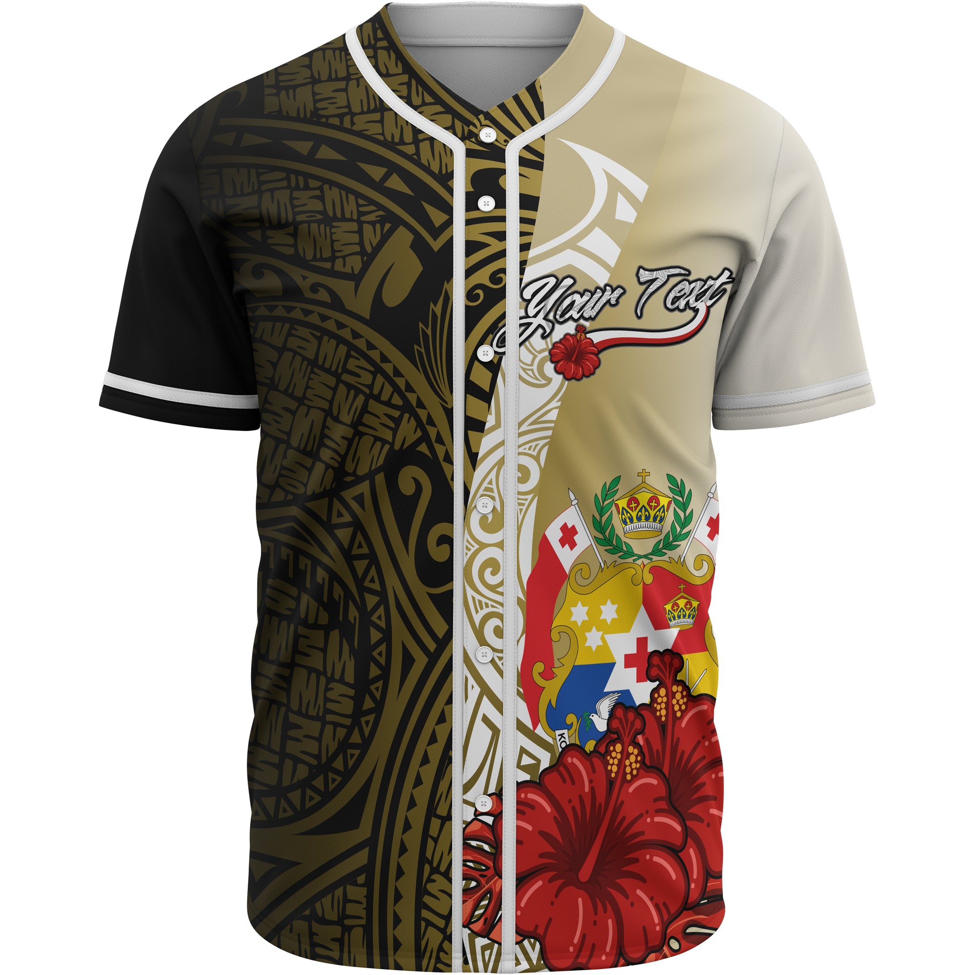 Tonga Polynesian Custom Personalised Baseball Shirt - Coat Of Arm With Hibiscus Gold Unisex Gold - Polynesian Pride