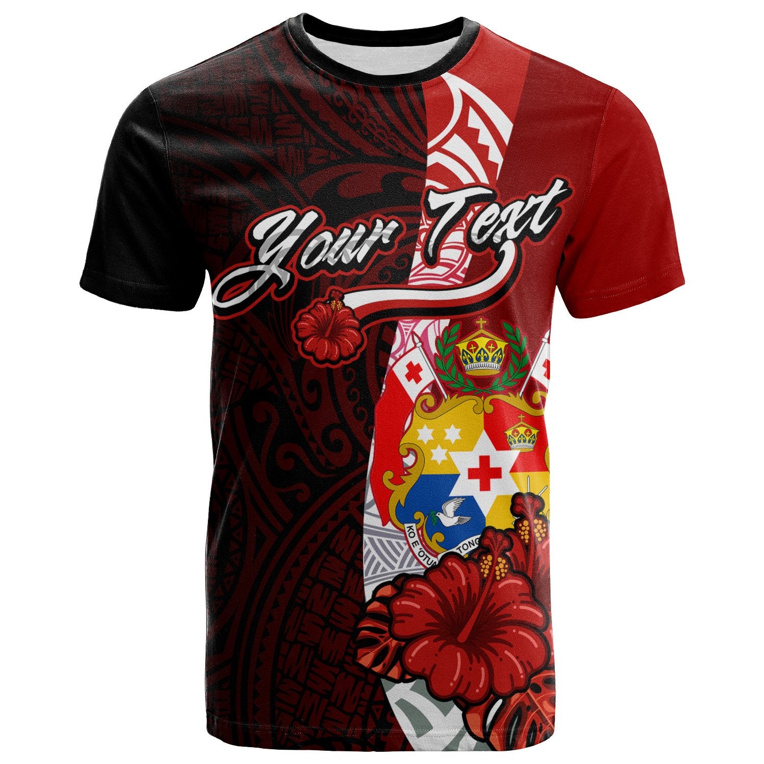 Tonga Polynesian Custom T Shirt Coat of Arm With Hibiscus Unisex Red - Polynesian Pride