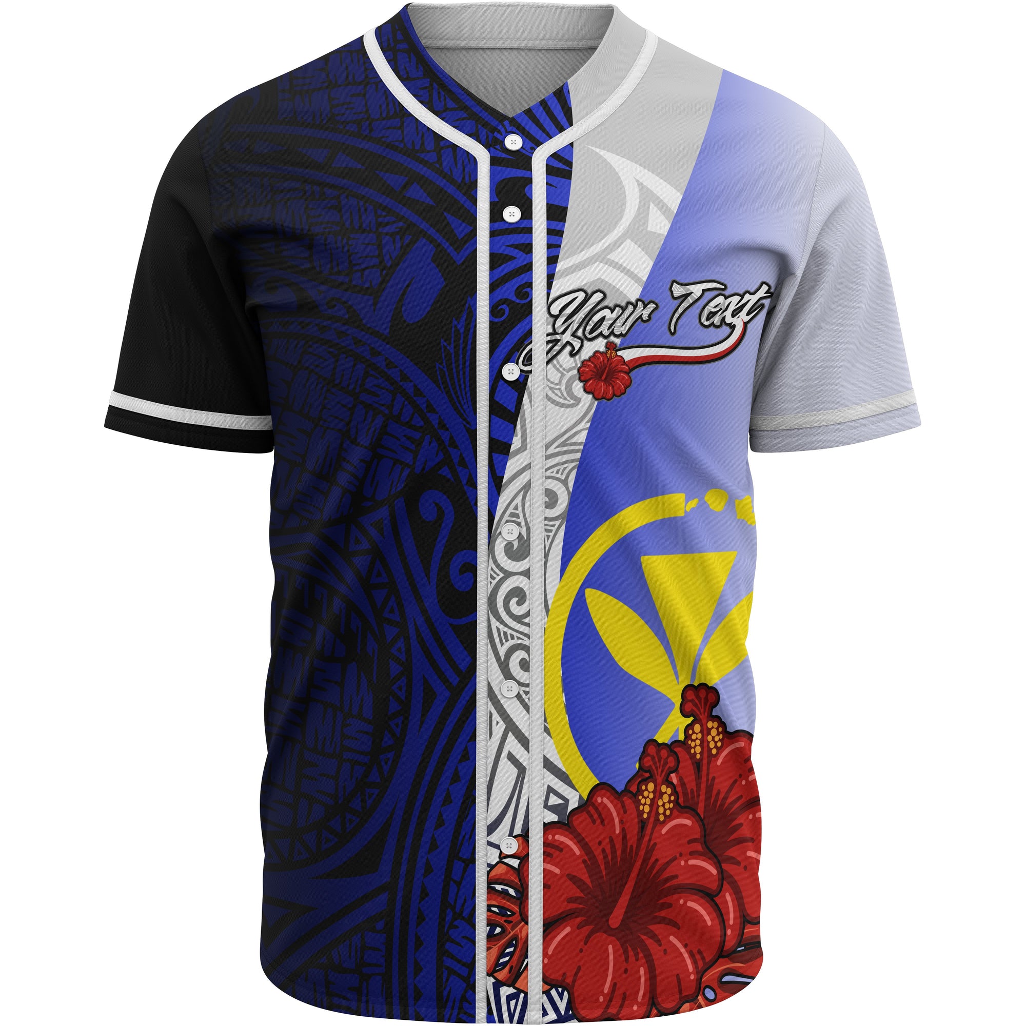 Hawaii Kanaka Maoli Polynesian Custom Personalised Baseball Shirt - Coat Of Arm With Hibiscus Blue Unisex Blue - Polynesian Pride