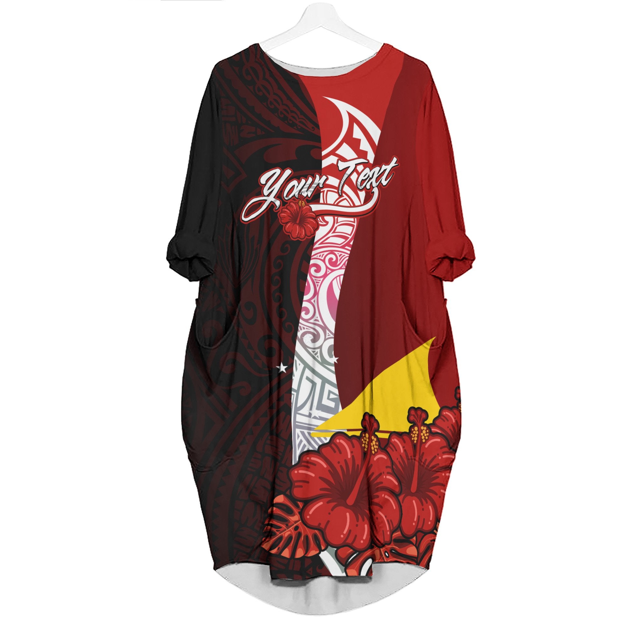 Tokelau Polynesian Custom Personalised Batwing Pocket Dress - Hibiscus With Coat Of Arm Women Black - Polynesian Pride