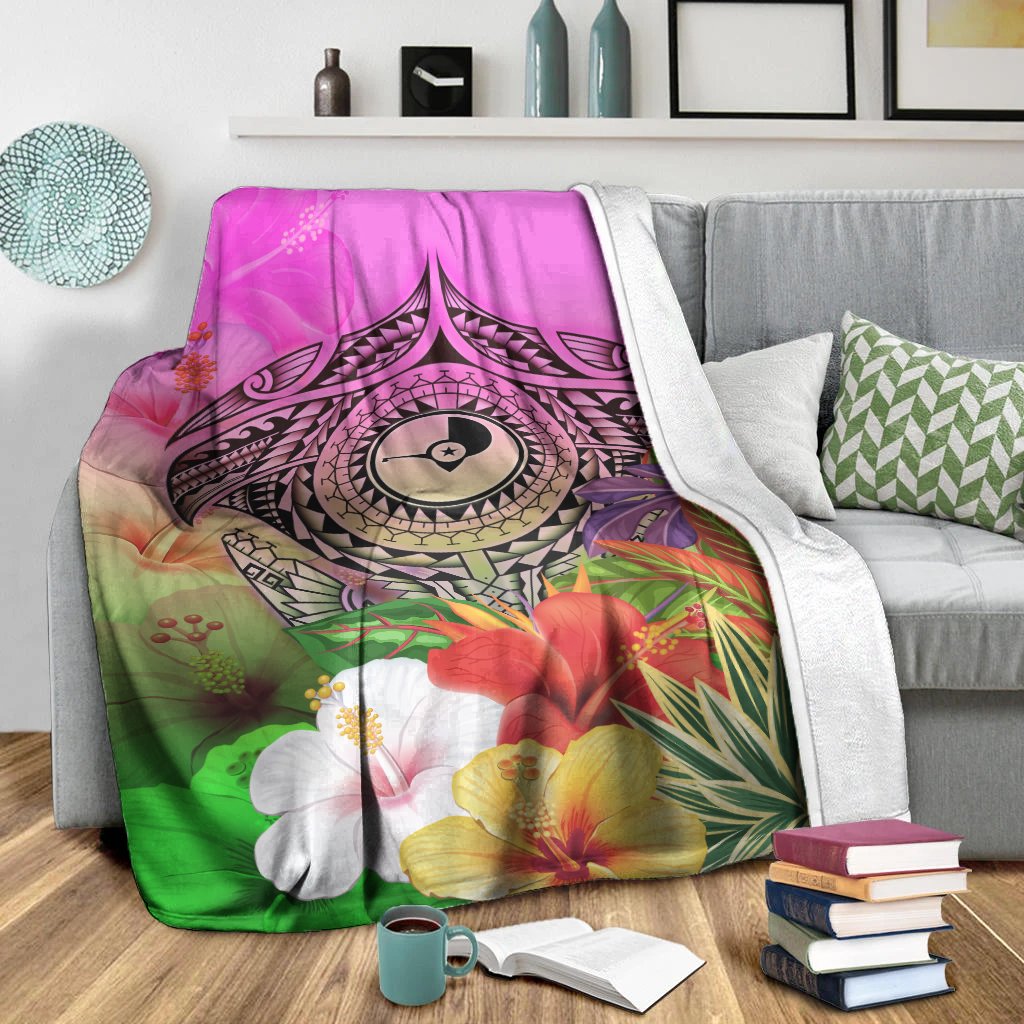 Yap Premium Blanket - Manta Ray Tropical Flowers White - Polynesian Pride