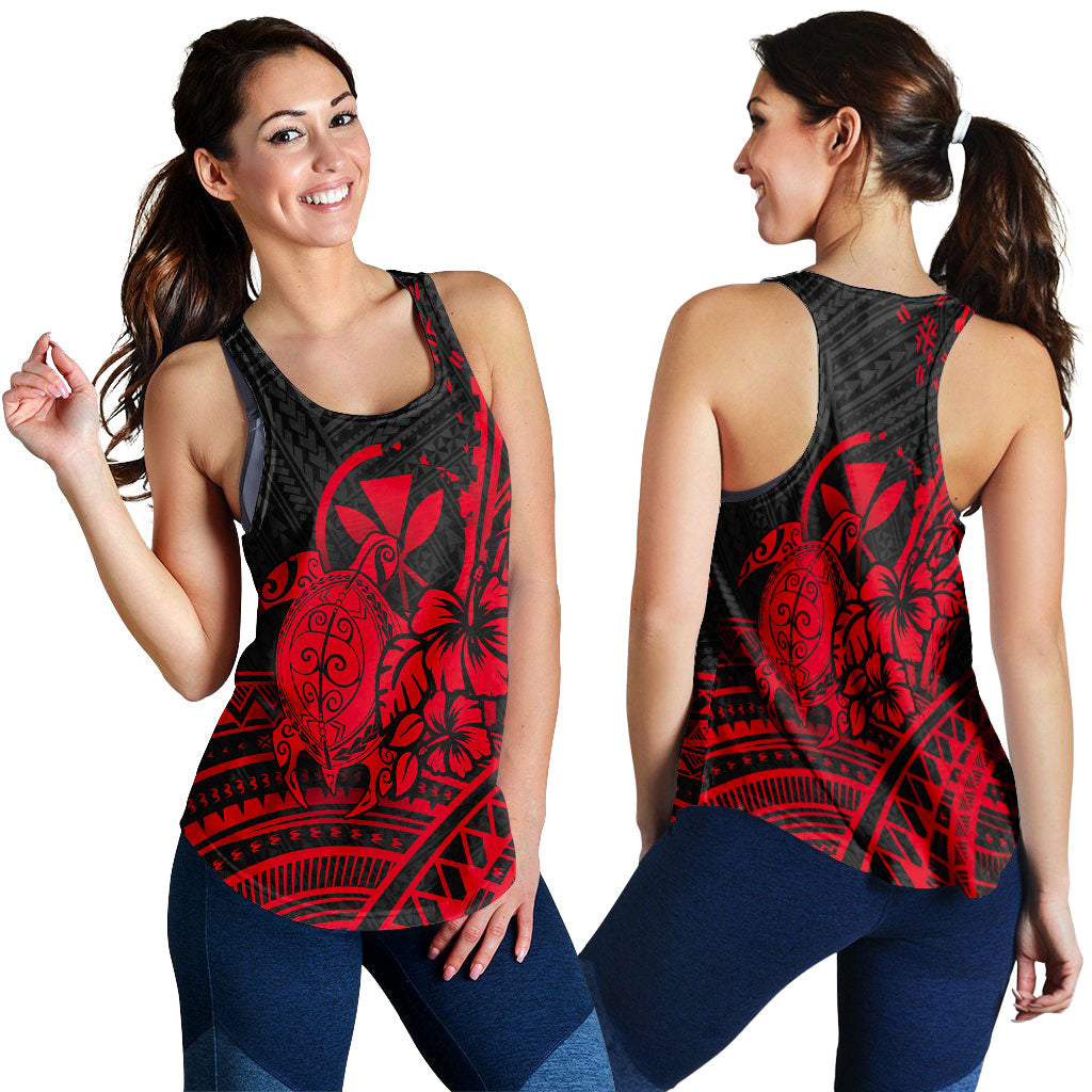 Hawaii Turtle With Hibiscus Tribal Red Women Tank Top - LT12 Red - Polynesian Pride