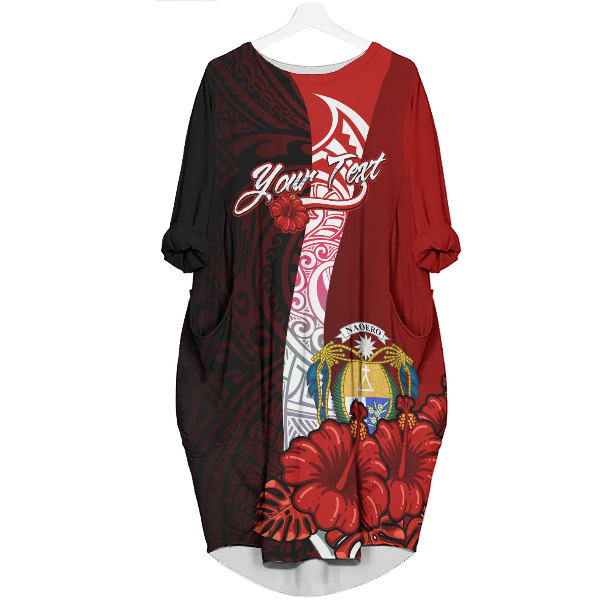 Nauru Polynesian Custom Personalised Batwing Pocket Dress - Hibiscus With Coat Of Arm Women Black - Polynesian Pride