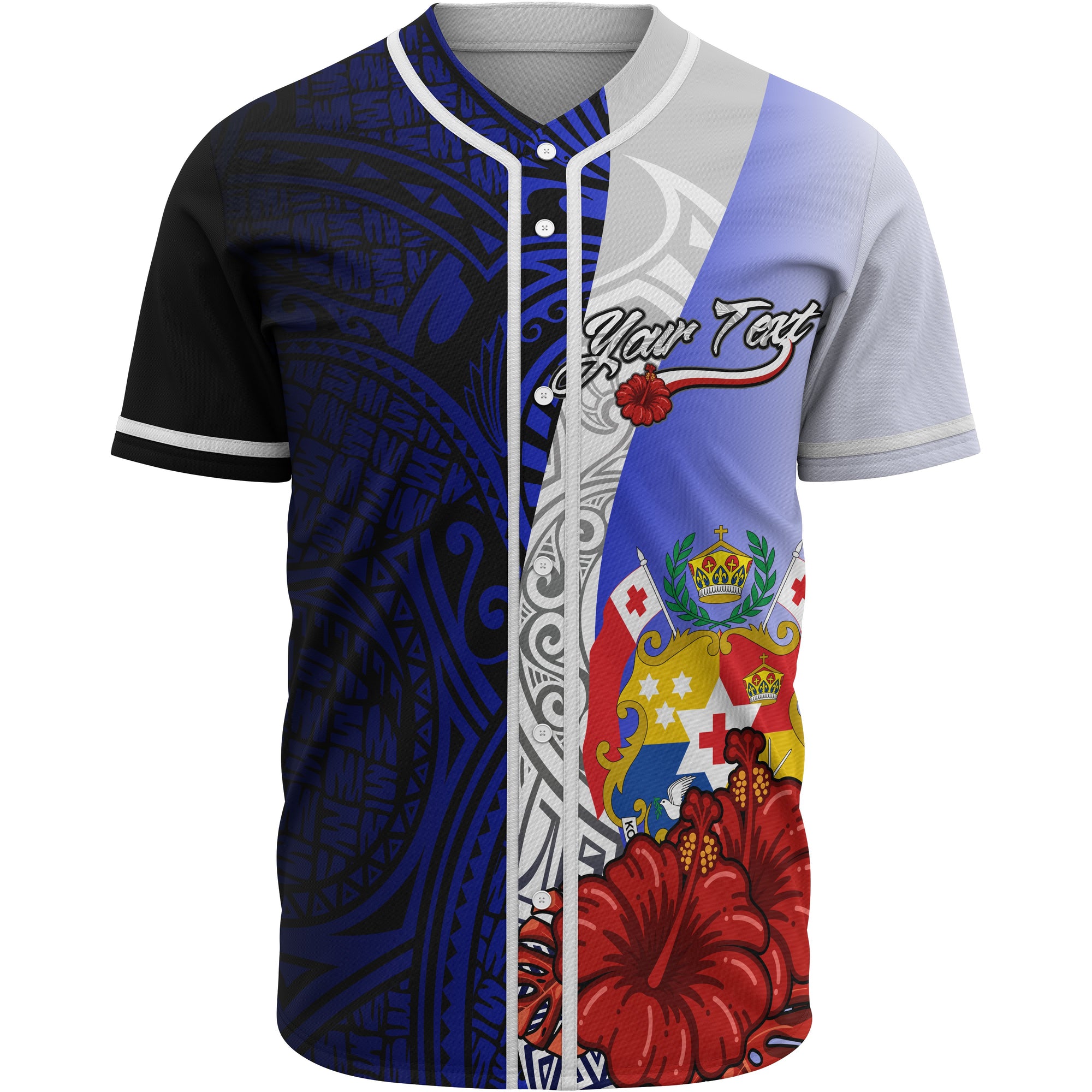 Tonga Polynesian Custom Personalised Baseball Shirt - Coat Of Arm With Hibiscus Blue Unisex Blue - Polynesian Pride