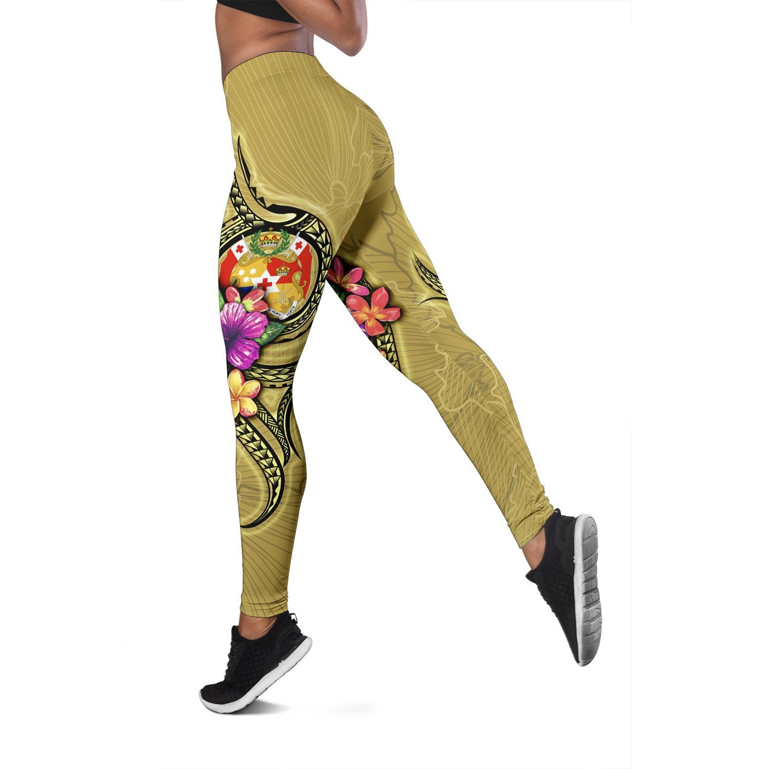 Tonga Polynesian Legging - Floral With Seal Gold Yellow - Polynesian Pride