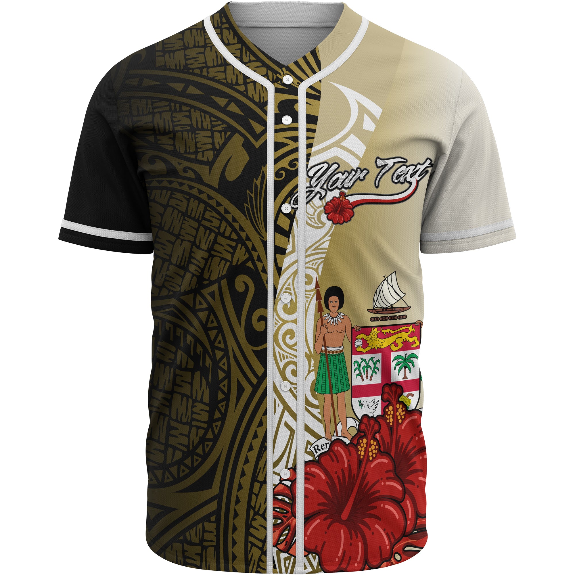 Fiji Polynesian Custom Personalised Baseball Shirt - Coat Of Arm With Hibiscus Gold Unisex Gold - Polynesian Pride