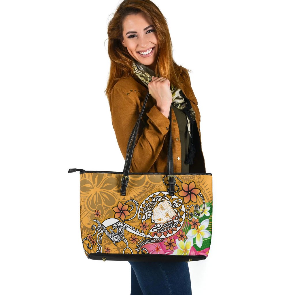 Fiji Large Leather Tote - Turtle Plumeria (Gold) Gold - Polynesian Pride