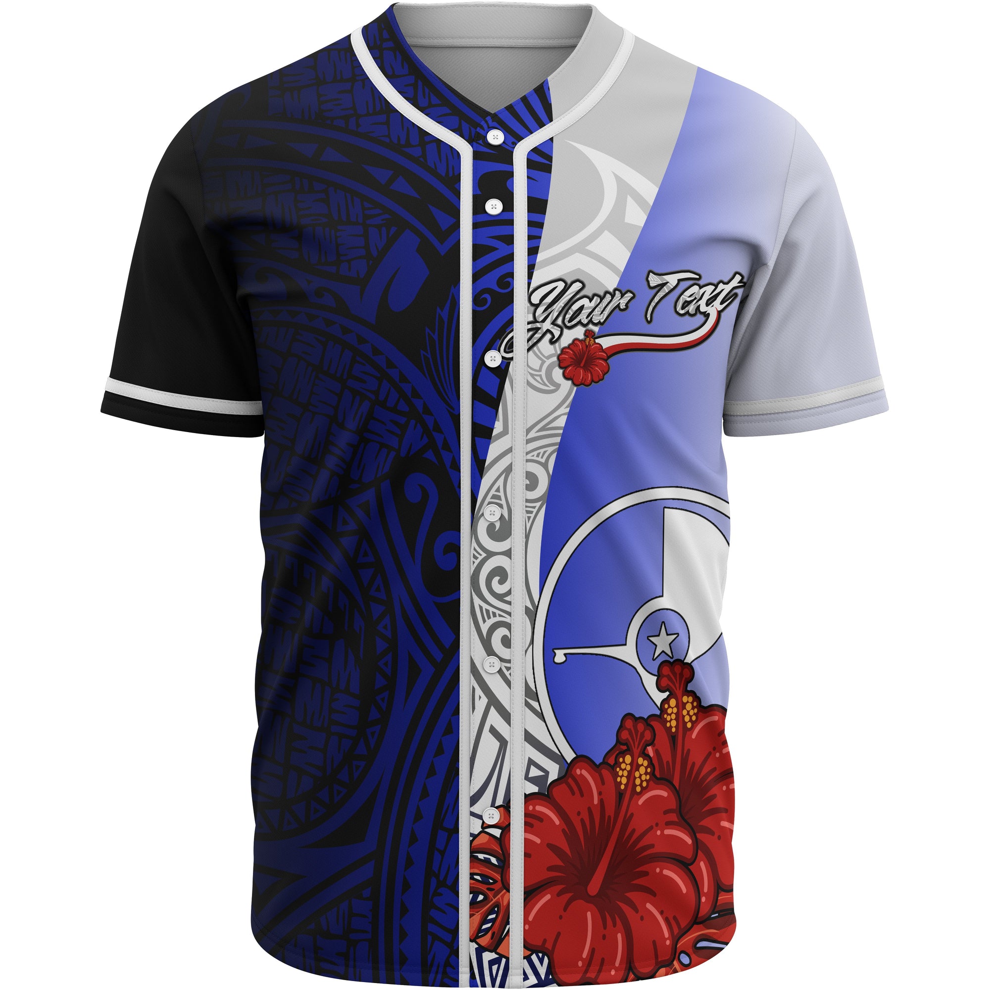 Yap Polynesian Custom Personalised Baseball Shirt - Coat Of Arm With Hibiscus Blue Unisex Blue - Polynesian Pride